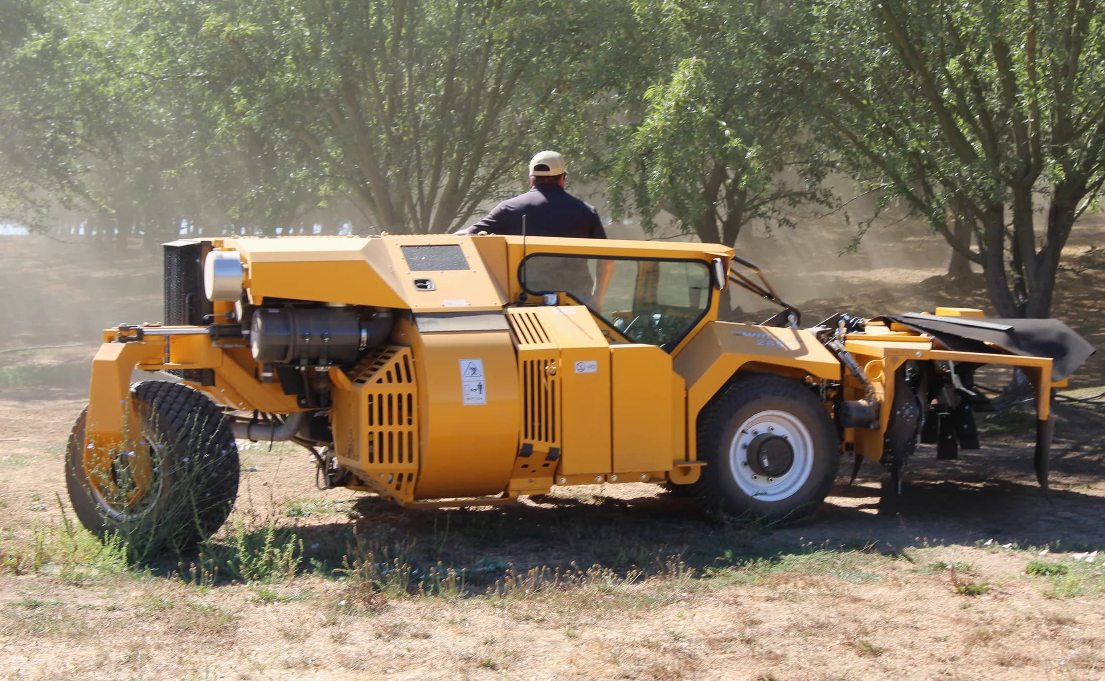 Harvest machine beside orchard rows.