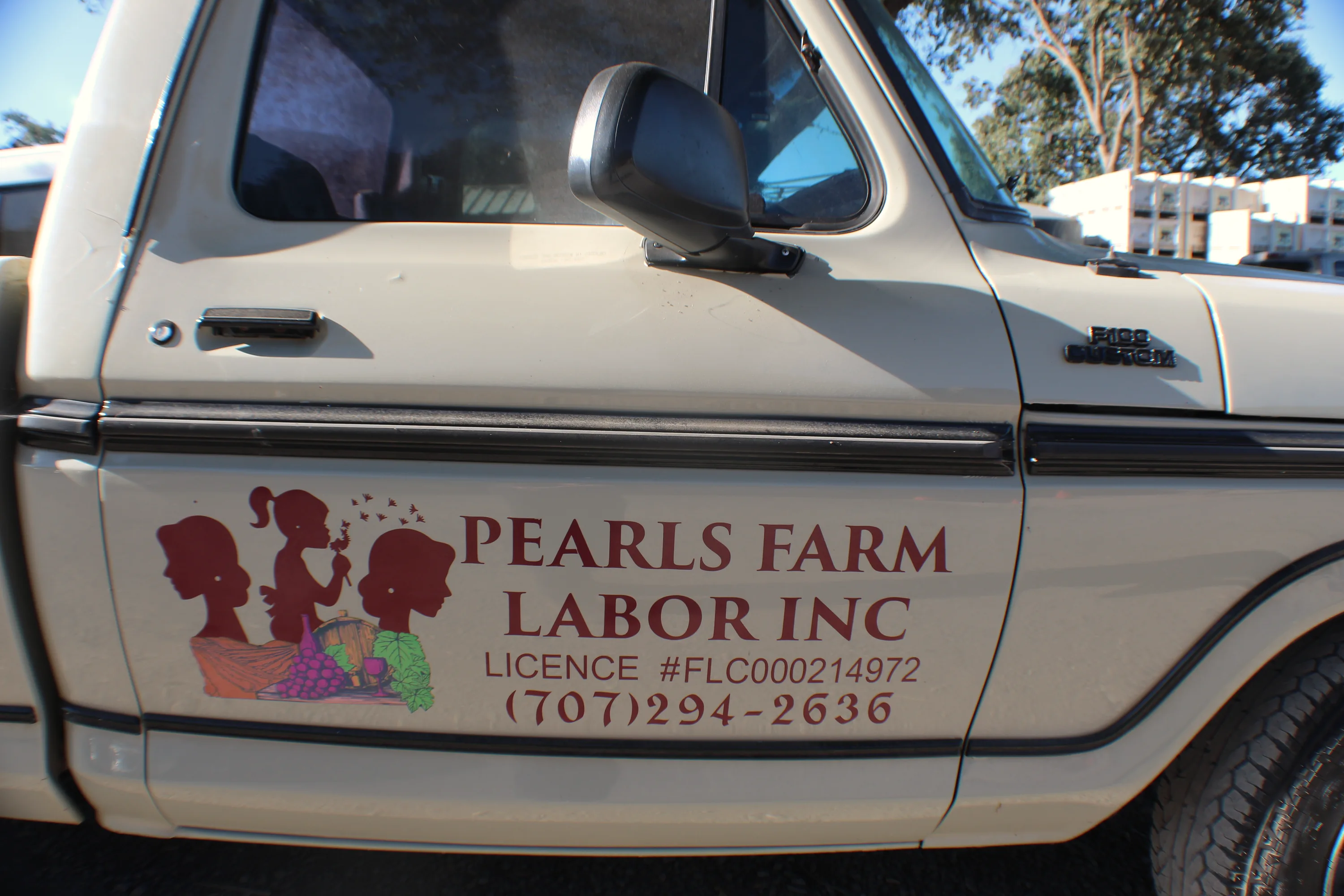 Pearls Farm Labor company name and license displayed on a field truck