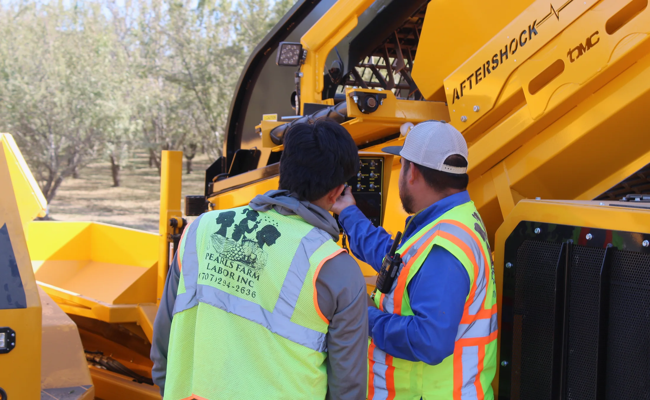 Lupe Flores coordinating an almond harvest equipment review